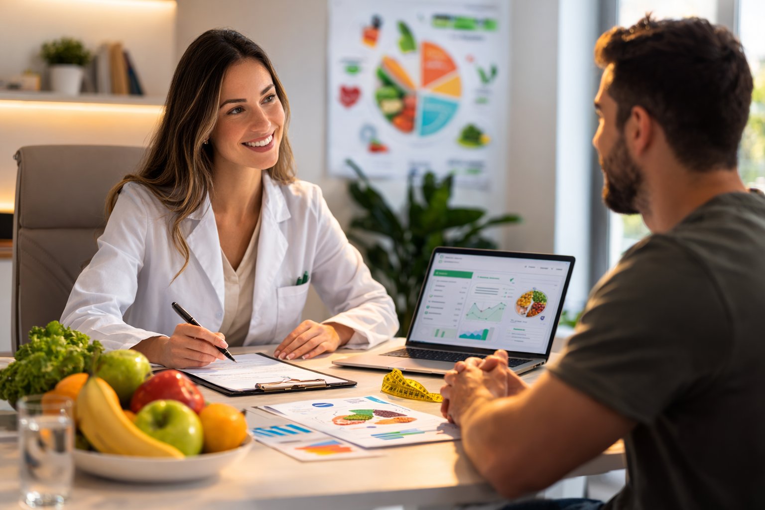 Nutricionista entrevistando paciente durante consulta